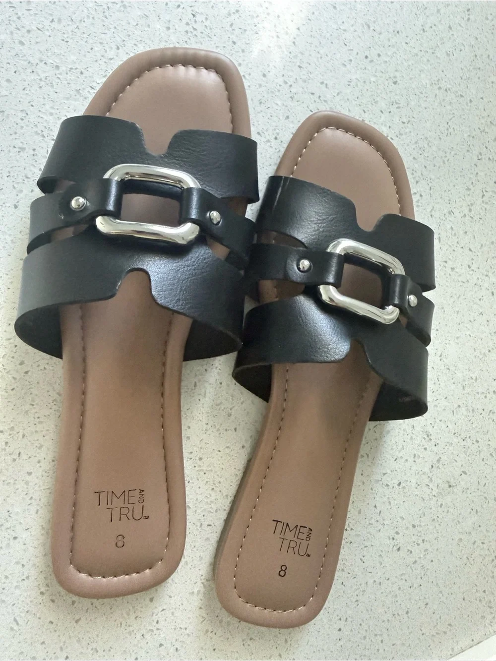 Time and Tru Black Slide Sandal with Silver Accent Buckle